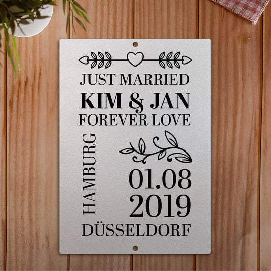 Personalisierbare Hochzeitsgeschenk-Stahltafel - Just married Tafel Craftbrothers 