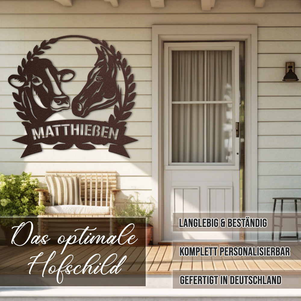 Hofschild - Kuh Pferd Blumenkranz aus edlem Stahl (personalisierbar)