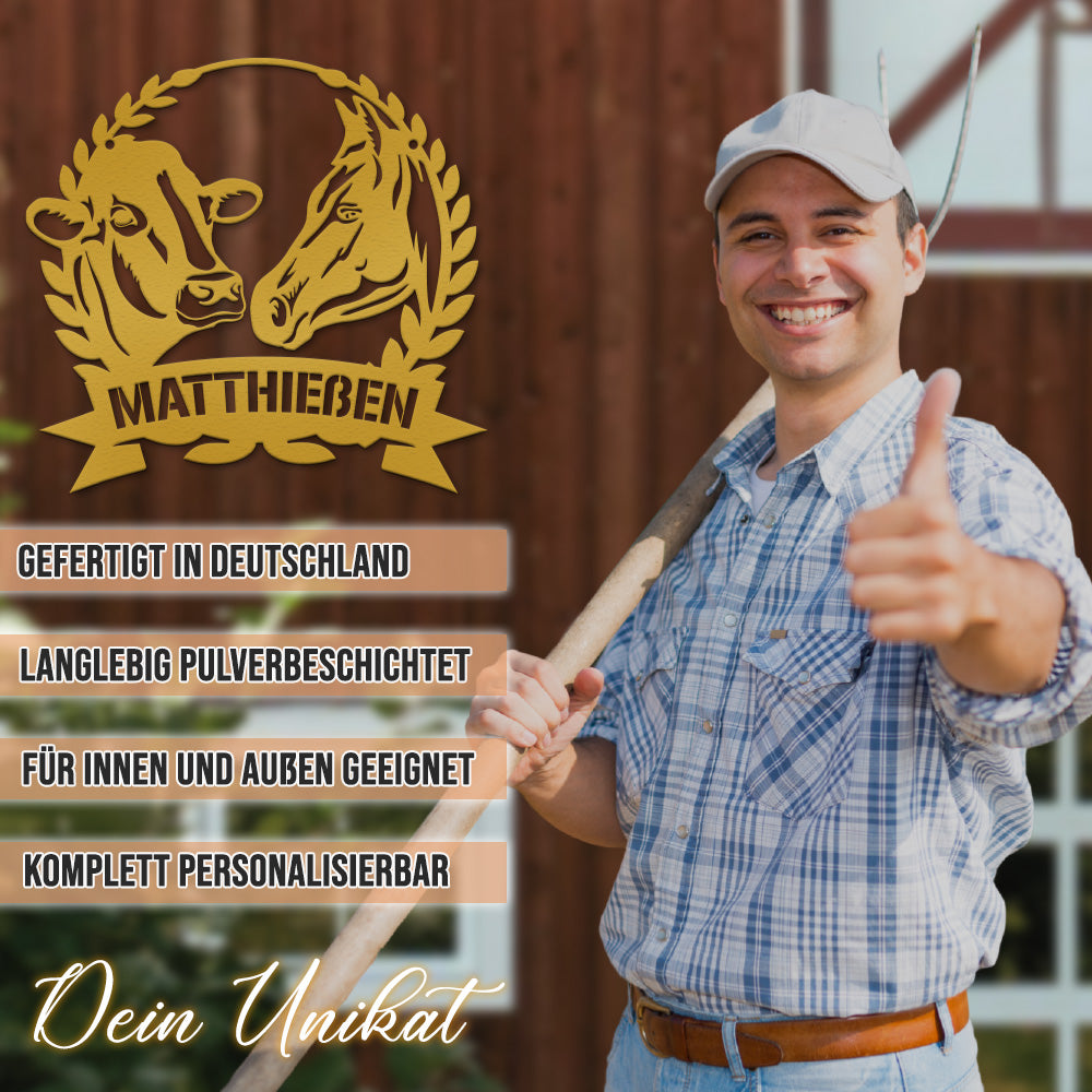 Hofschild - Kuh Pferd Blumenkranz aus edlem Stahl (personalisierbar)