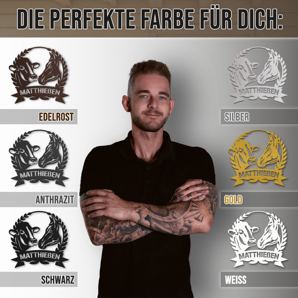 Hofschild - Kuh Pferd Blumenkranz aus edlem Stahl (personalisierbar)