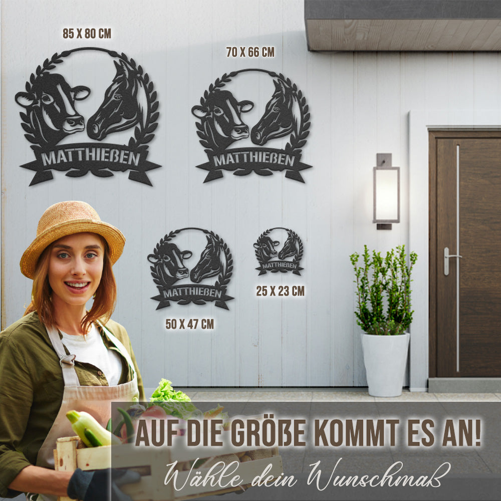 Hofschild - Kuh Pferd Blumenkranz aus edlem Stahl (personalisierbar)