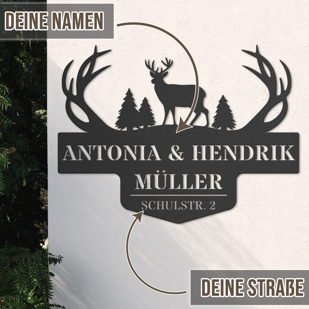 Monogramm Hirsch mit Familien- und Straßennamen