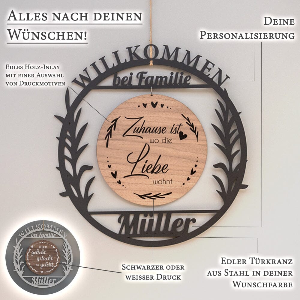 Personalisierter Türkranz "Rund Classic" mit Holz-Inlay zur Hochzeit Craftbrothers 