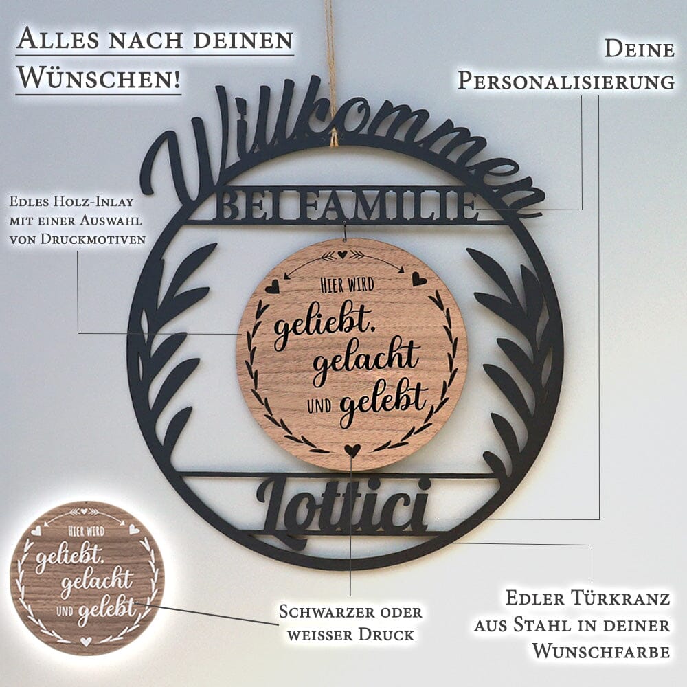 Personalisierter Türkranz "Rund Modern" mit Holz-Inlay zur Hochzeit Craftbrothers 