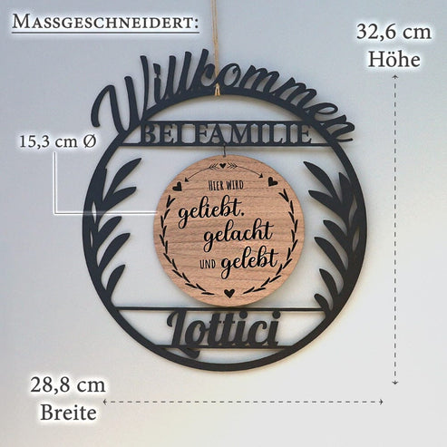 Personalisierter Türkranz "Rund Modern" mit Holz-Inlay zur Hochzeit Craftbrothers 