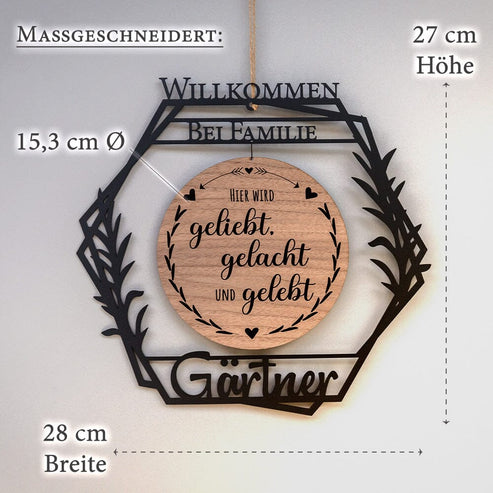 Personalisierter Türkranz "Sechseck" mit Holz-Inlay zur Hochzeit Craftbrothers 