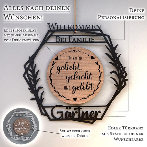 Personalisierter Türkranz "Sechseck" mit Holz-Inlay zur Hochzeit Craftbrothers 