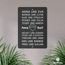 Laden Sie das Bild in den Galerie-Viewer, Stahltafel Berühmte Paare - personalisiert - Hochzeitsgeschenk Tafel Craftbrothers 