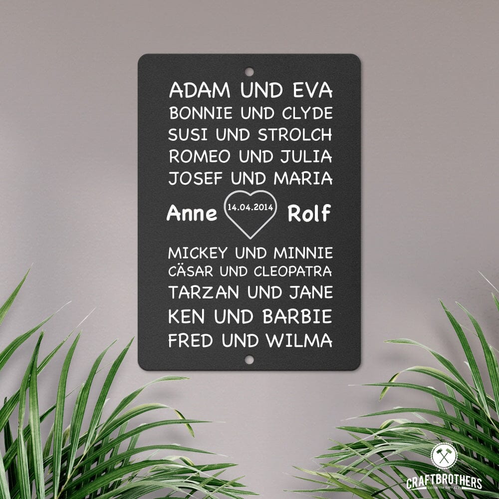Stahltafel Berühmte Paare - personalisiert - Hochzeitsgeschenk Tafel Craftbrothers 