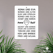 Laden Sie das Bild in den Galerie-Viewer, Stahltafel Berühmte Paare - personalisiert - Hochzeitsgeschenk Tafel Craftbrothers 