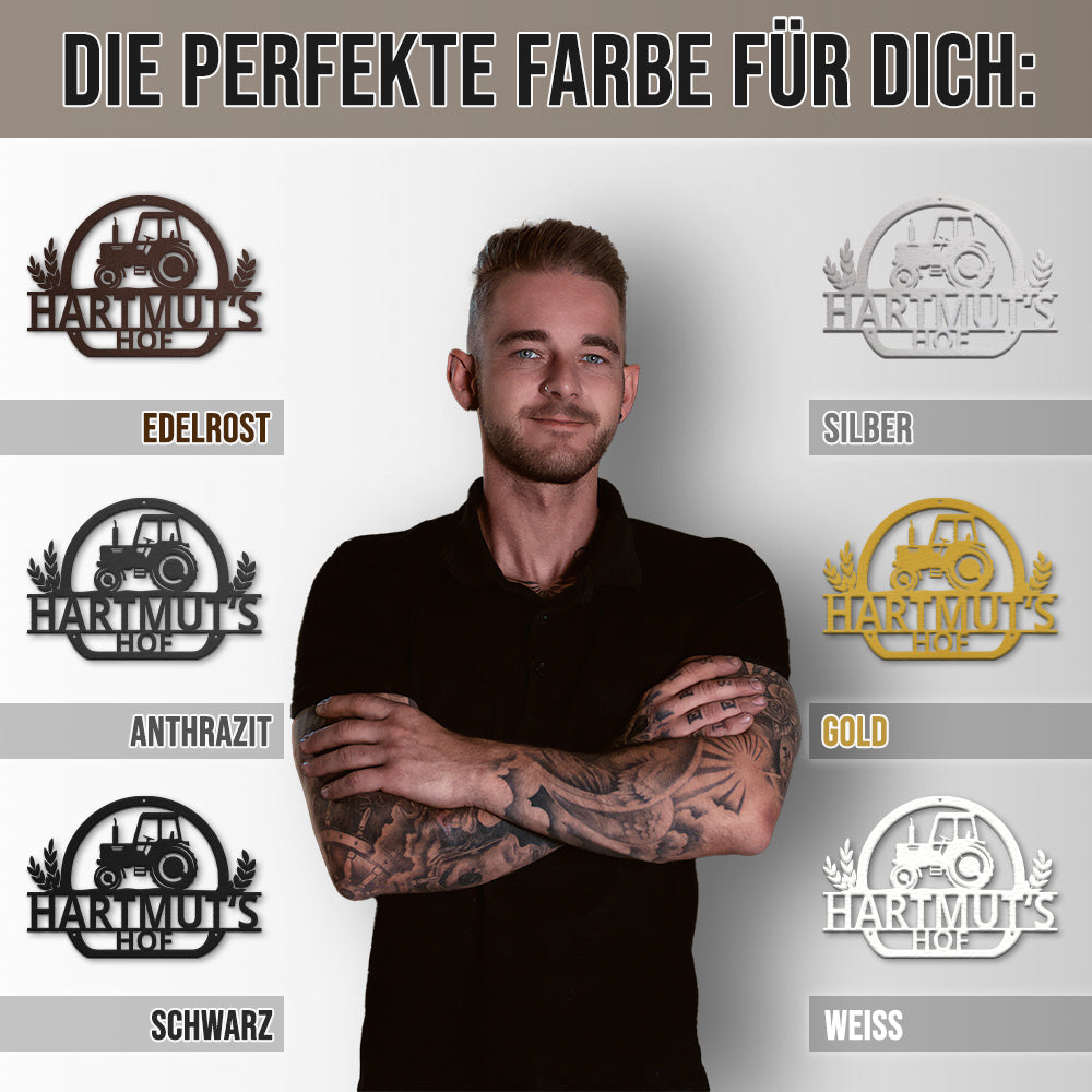 Hofschild - Traktor III aus edlem Stahl (personalisierbar)