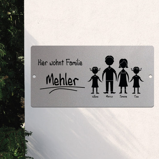 Türschild Familie - Eltern und 2 Töchter (personalisierbar)
