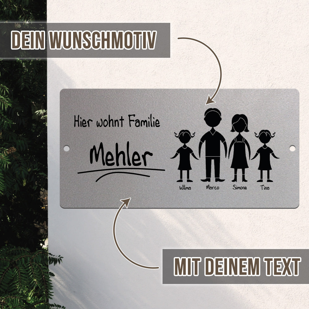 Türschild Familie - Eltern und 2 Töchter (personalisierbar)