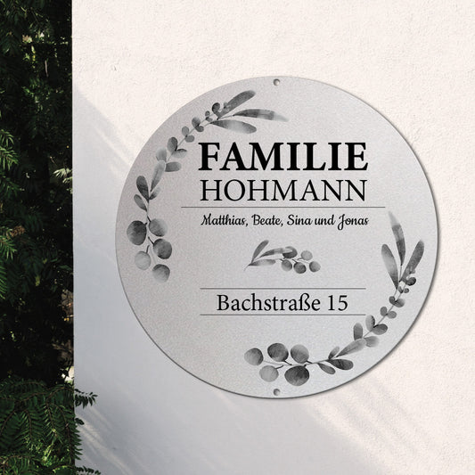 Türschild - Flower rund aus edlem Stahl (personalisierbar)