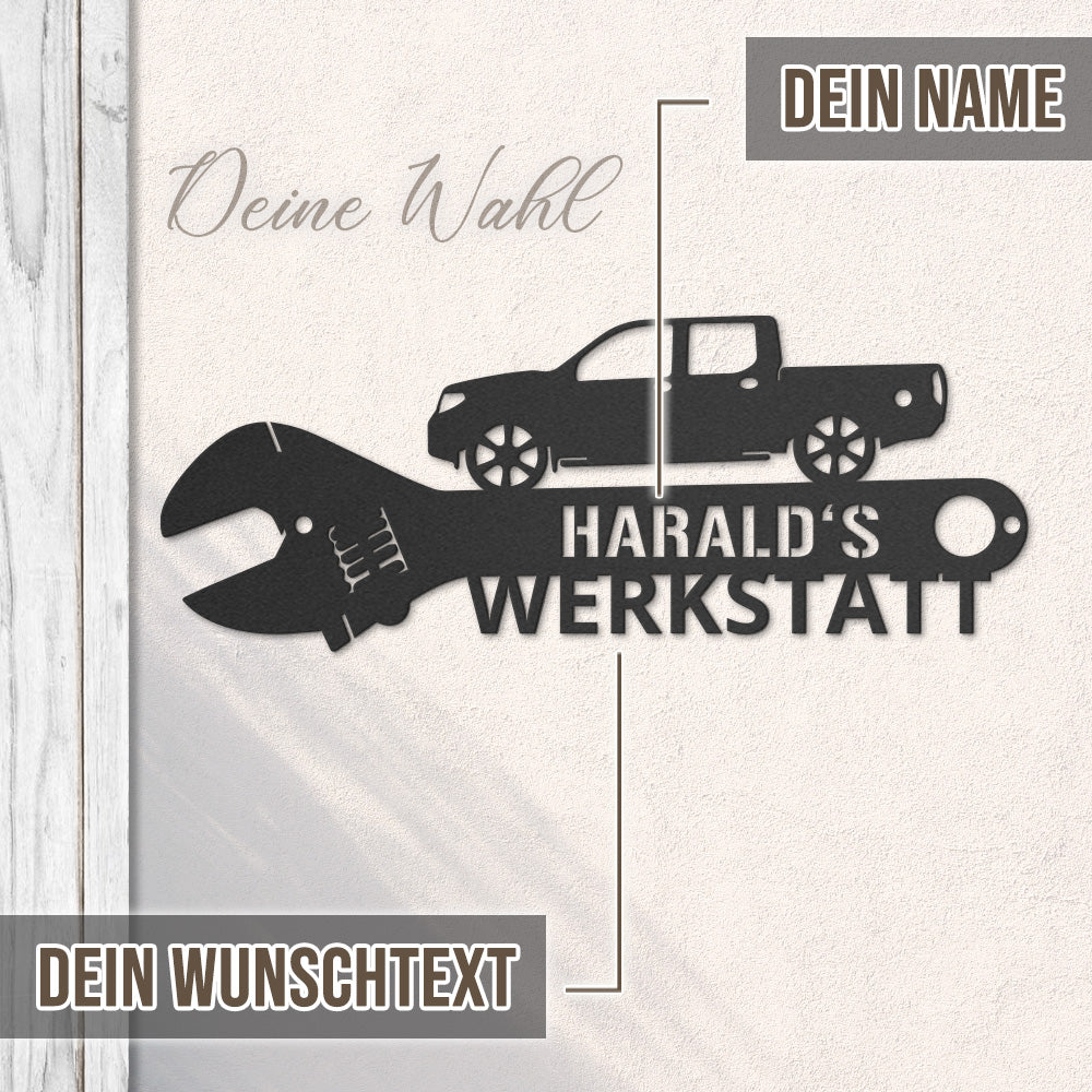 Werkstattschild - Auto aus edlem Stahl (personalisierbar)