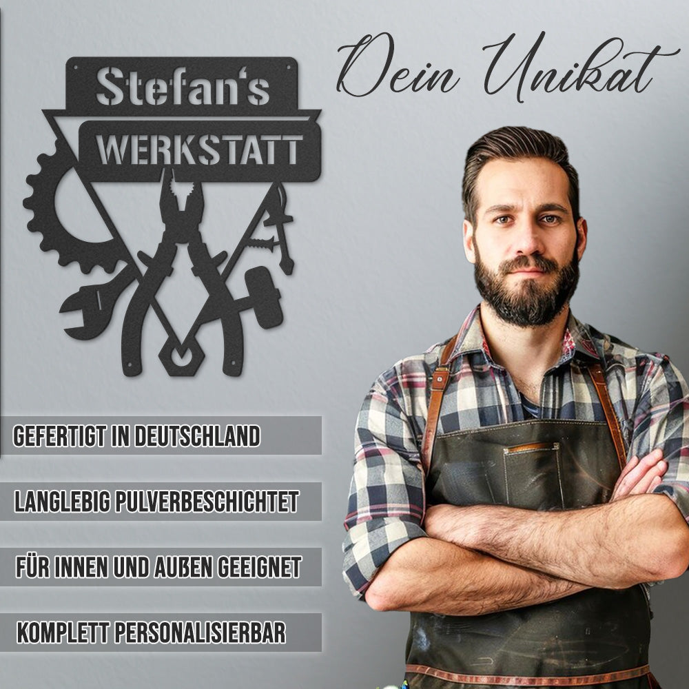 Werkstattschild - Dreieck aus edlem Stahl (personalisierbar)