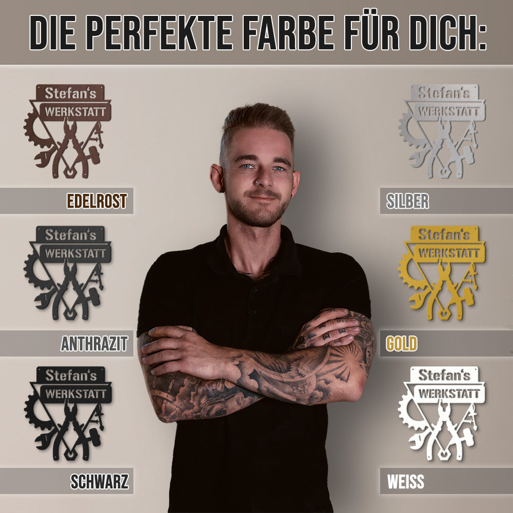 Werkstattschild - Dreieck aus edlem Stahl (personalisierbar)