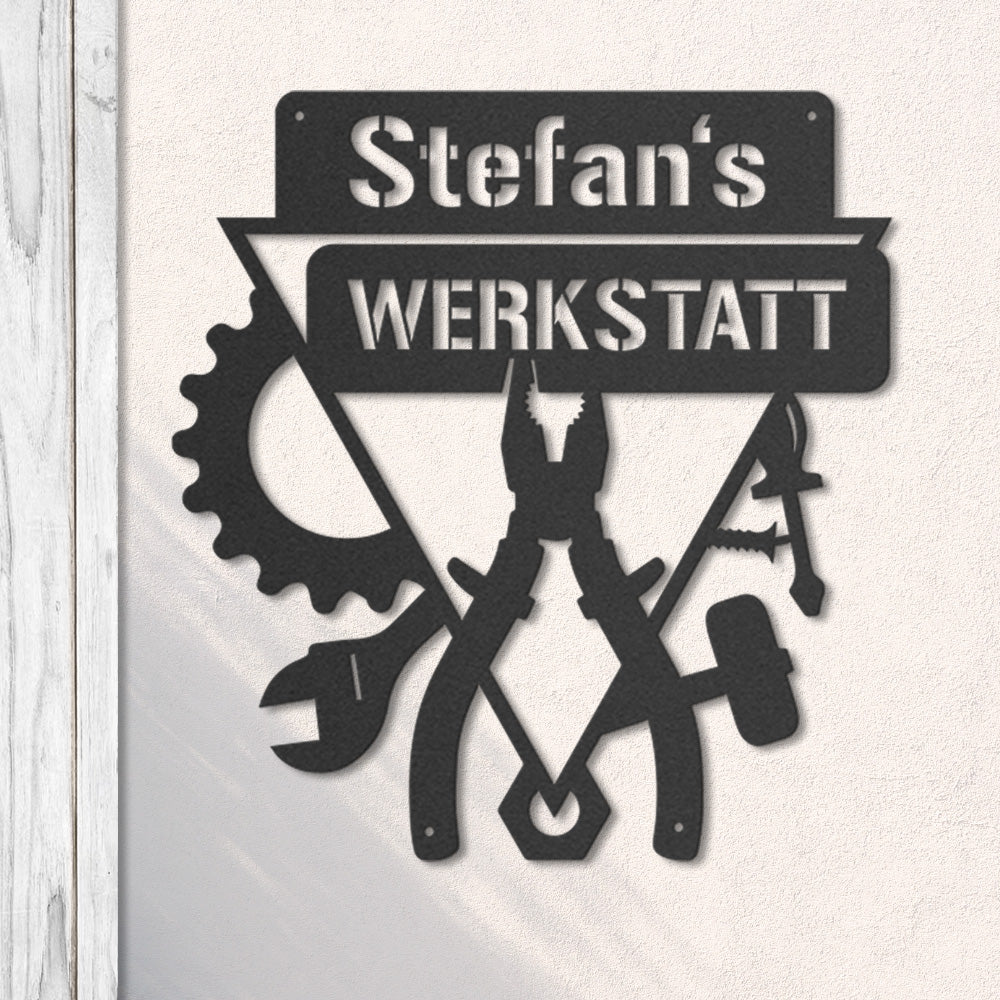 Werkstattschild - Dreieck aus edlem Stahl (personalisierbar)