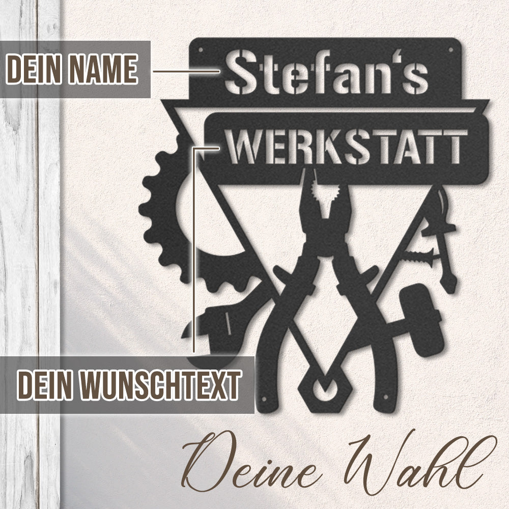 Werkstattschild - Dreieck aus edlem Stahl (personalisierbar)