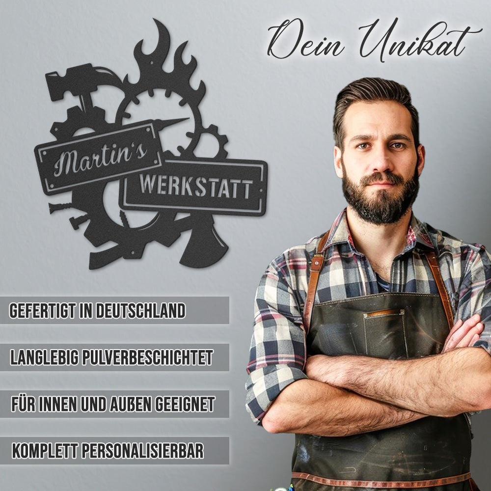 Werkstattschild - Flame aus edlem Stahl (personalisierbar)