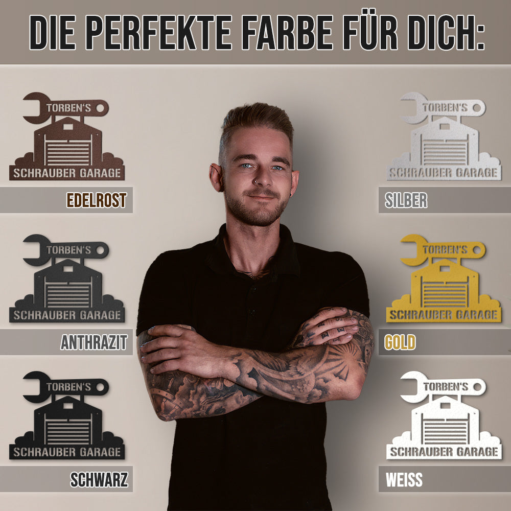 Werkstattschild - Garage aus edlem Stahl (personalisierbar)