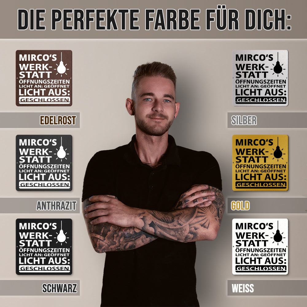 Werkstattschild - Öffnungszeiten aus edlem Stahl (personalisierbar)