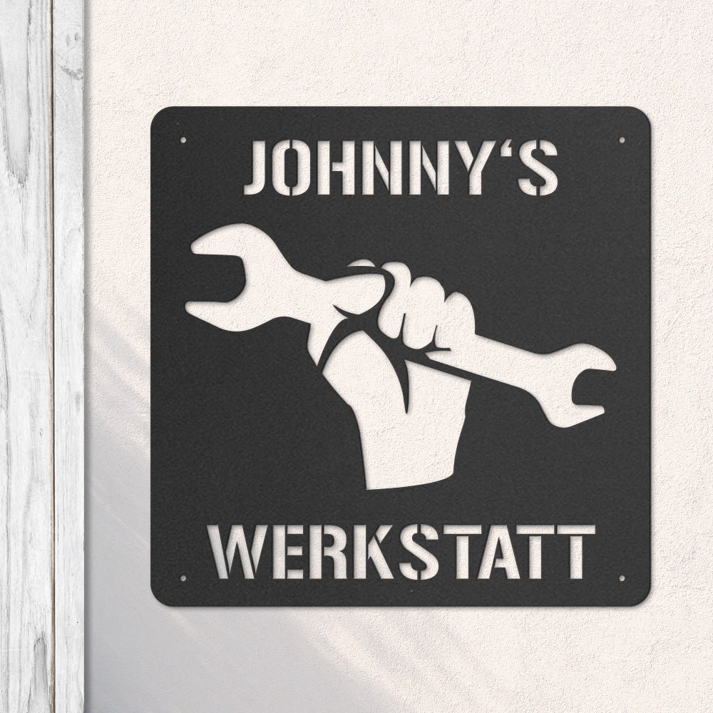 Werkstattschild - Schraubenschlüssel aus edlem Stahl (personalisierbar)