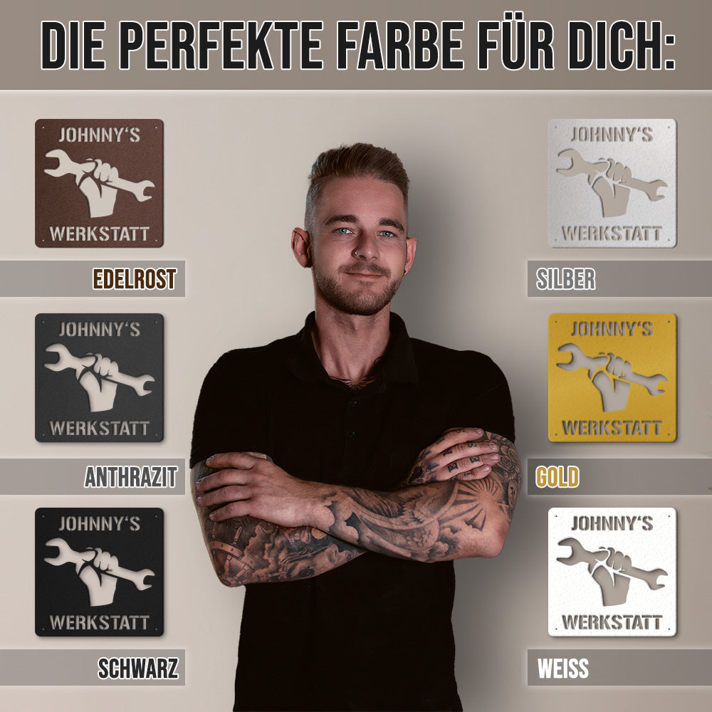 Werkstattschild - Schraubenschlüssel aus edlem Stahl (personalisierbar)