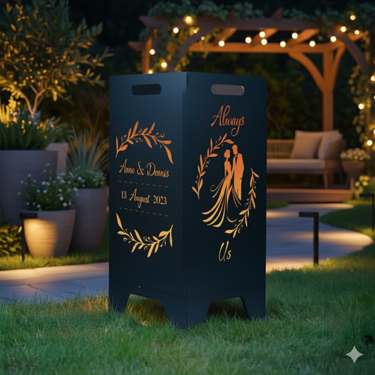 Feuertonne personalisierbar - Hochzeit - Blumenkranz und Brautpaar