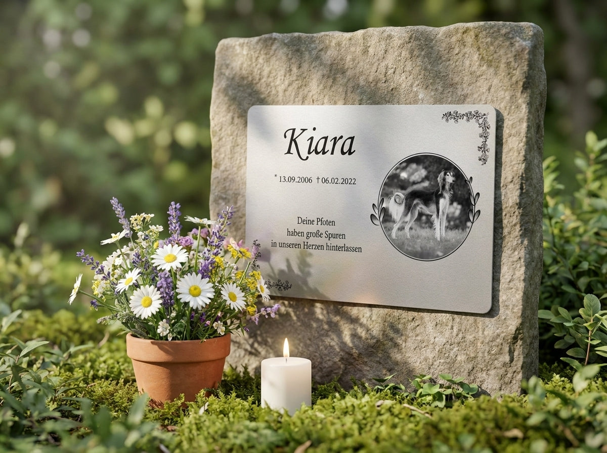 Am Grab mit Blumen