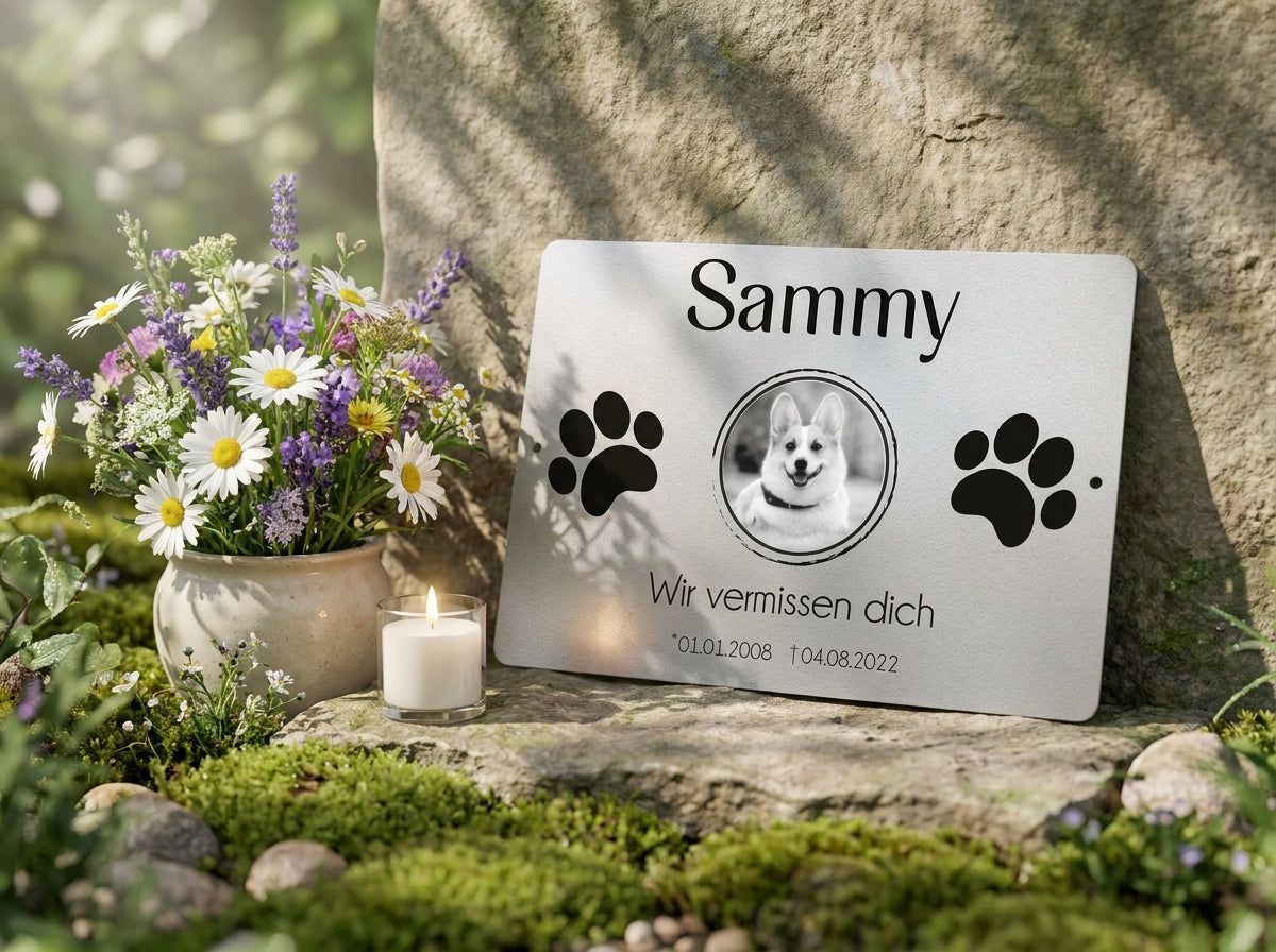 Am Grab mit Blumen