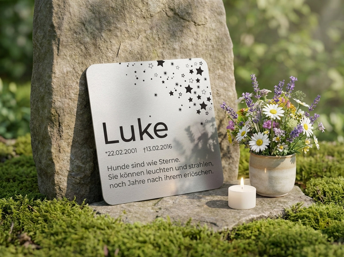 Am Grab mit Blumen