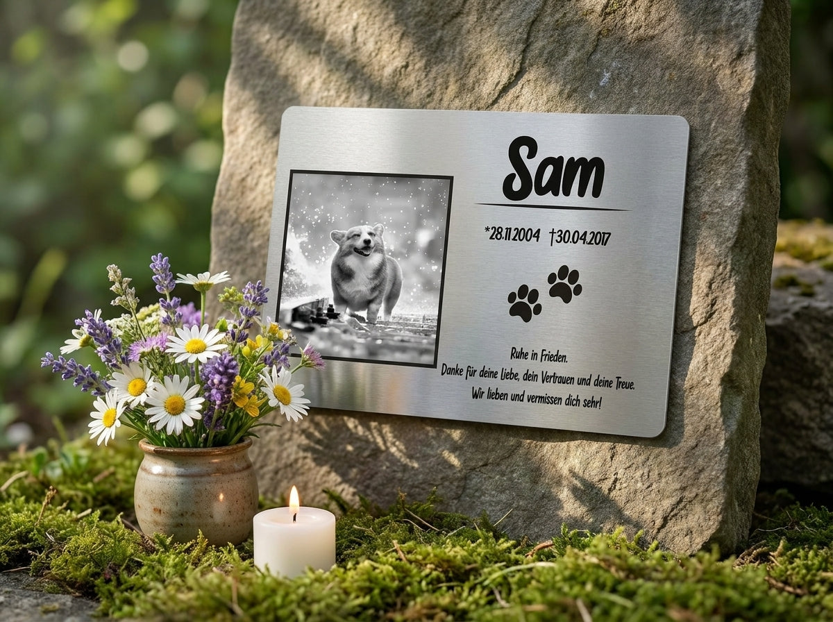 Am Grab mit Blumen