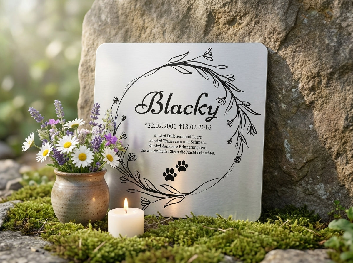 Am Grab mit Blumen