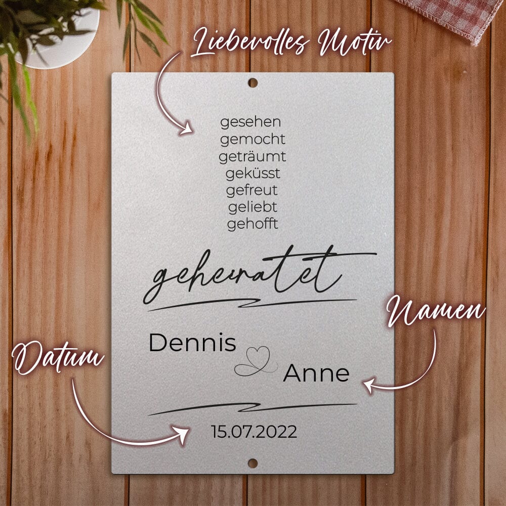 Personalisierbare Stahltafel -Gesehen, gemocht ... geheiratet - personalisierbares Hochzeitsgeschenk Tafel Craftbrothers 