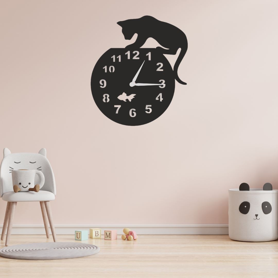 Wanduhr für Kinderzimmer "Katze" aus edlem Stahl Wanduhren Craftbrothers 