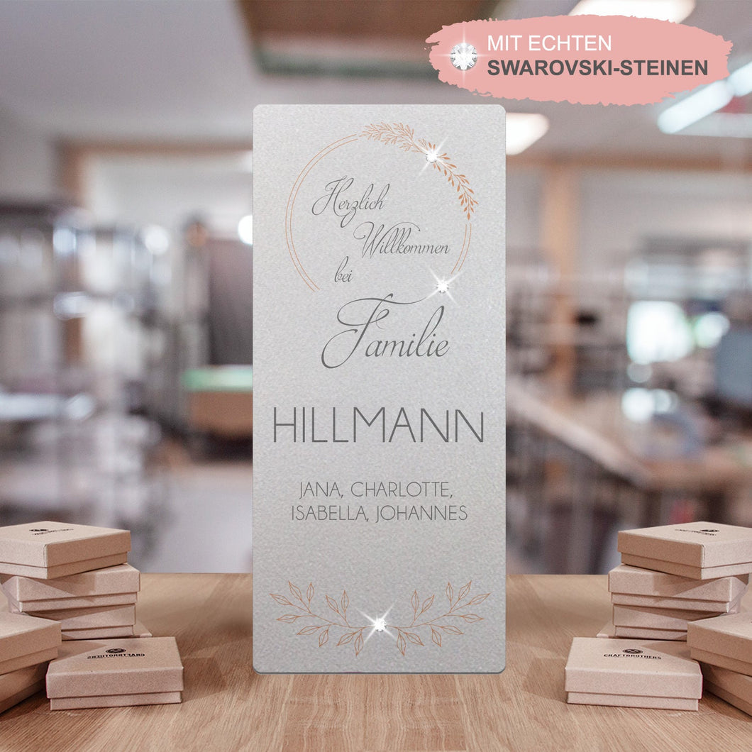 Türschild Swarovski länglich - Boho Style Blätterkreis aus edlem Stahl (personalisierbar) Craftbrothers 