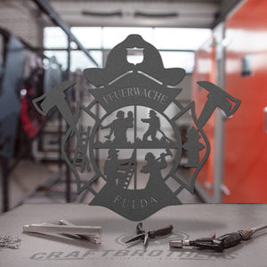 Feuerwehrwappen II mit Wunschtext aus edlem Stahl (personalisierbar) Craftbrothers 