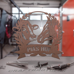 Hofschild - Kuh Pferd Blumenkranz aus edlem Stahl (personalisierbar) Craftbrothers 