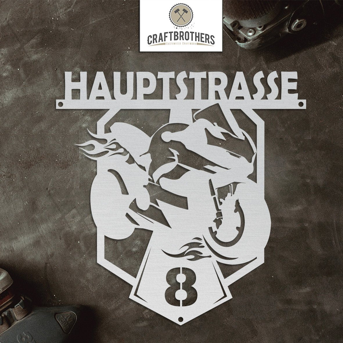 "Motorrad" Monogramm aus edlem Stahl (personalisierbar) Türschild Craftbrothers 