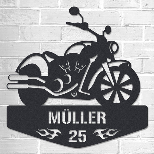 "Motorrad Silhouette mit Wunschtext und Hausnummer" aus edlem Stahl (personalisierbar) Craftbrothers 