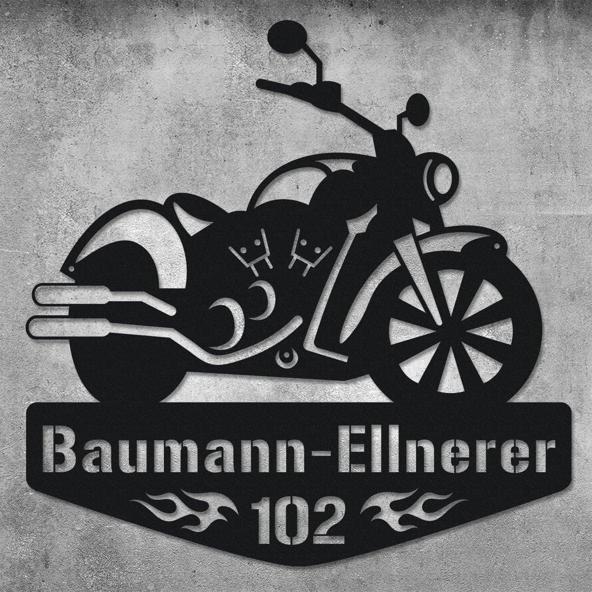 "Motorrad Silhouette mit Wunschtext und Hausnummer" aus edlem Stahl (personalisierbar) Craftbrothers 