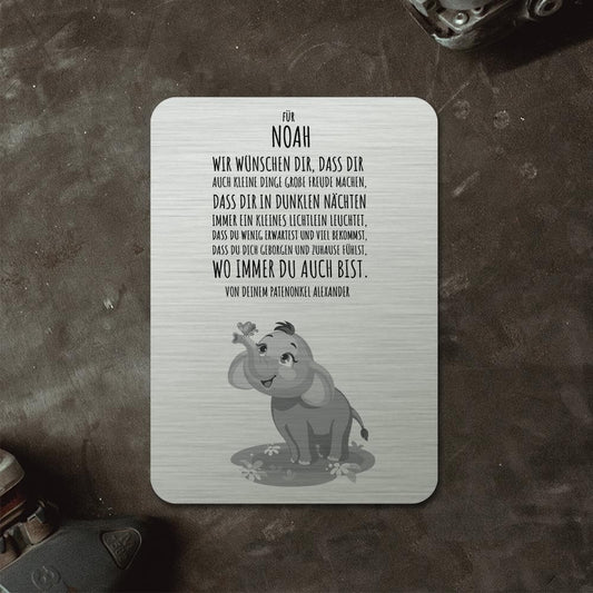 personalisierbares Geschenk zur Geburt oder Taufe: Tafel aus edlem Stahl "Wir wünschen Dir" mit süßem Elefantenmotiv Geschenktafel Craftbrothers 