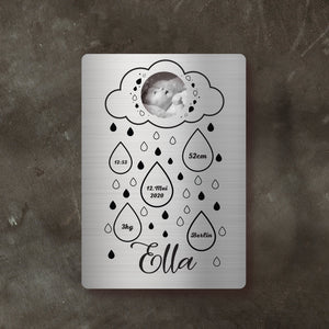 personalisierbares Geschenk zur Geburt: Tafel aus edlem Stahl "Wolke & Regentropfen" inklusive Fotogravur Herzau 