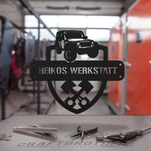 "Werkstattschild - Jeep" aus edlem Stahl (personalisierbar) Craftbrothers 