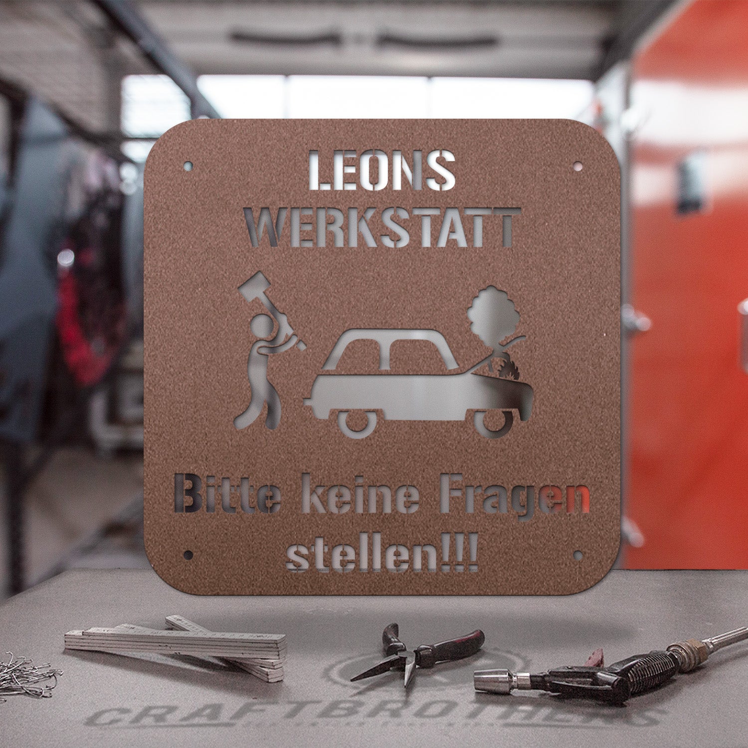 "Werkstattschild - Defektes Auto" aus edlem Stahl (personalisierbar) Craftbrothers 