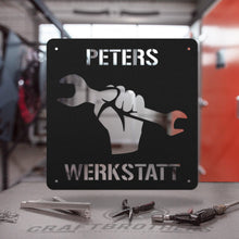Laden Sie das Bild in den Galerie-Viewer, &quot;Werkstattschild - Schraubenschlüssel&quot; aus edlem Stahl (personalisierbar) Craftbrothers 