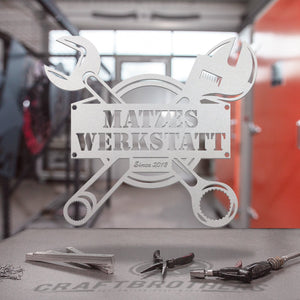 "Werkstattschild - Maulschlüssel" aus edlem Stahl (personalisierbar) Craftbrothers 
