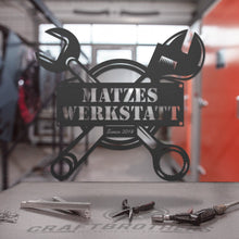 Laden Sie das Bild in den Galerie-Viewer, &quot;Werkstattschild - Maulschlüssel&quot; aus edlem Stahl (personalisierbar) Craftbrothers 