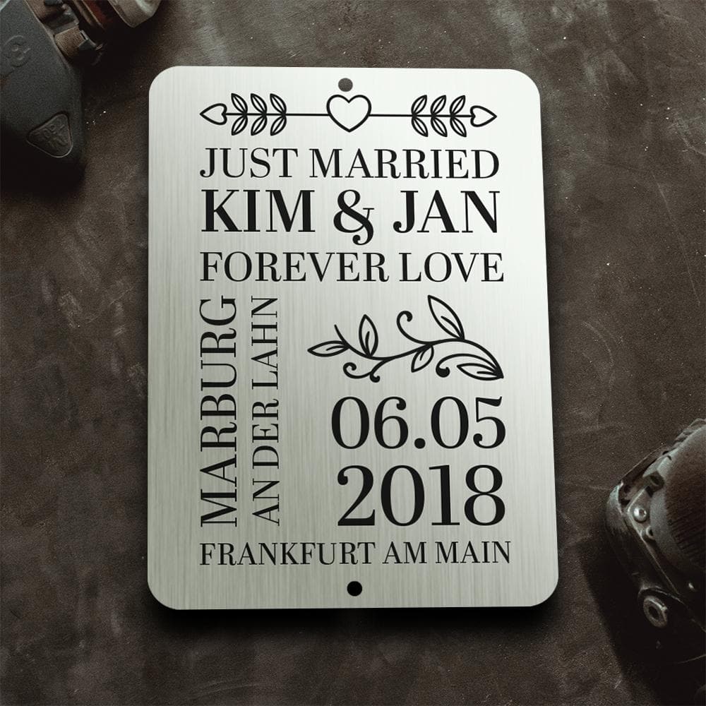 Personalisierbare Hochzeitsgeschenk-Stahltafel - Just married Tafel Herzau 